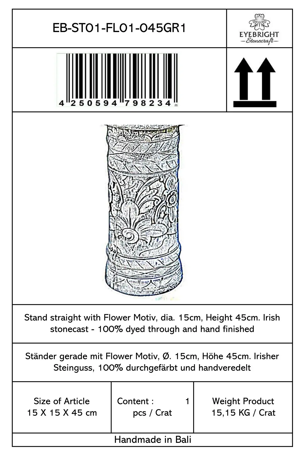 Artikelbild 7 des Artikels “Batur - Sockel gerade mit Blumenmotiv, Ø 15cm, 45cm H | Steinguss “